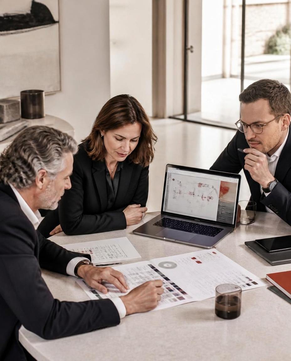 Professionnels analysant ensemble un cadre de gouvernance et des usages de l’intelligence artificielle